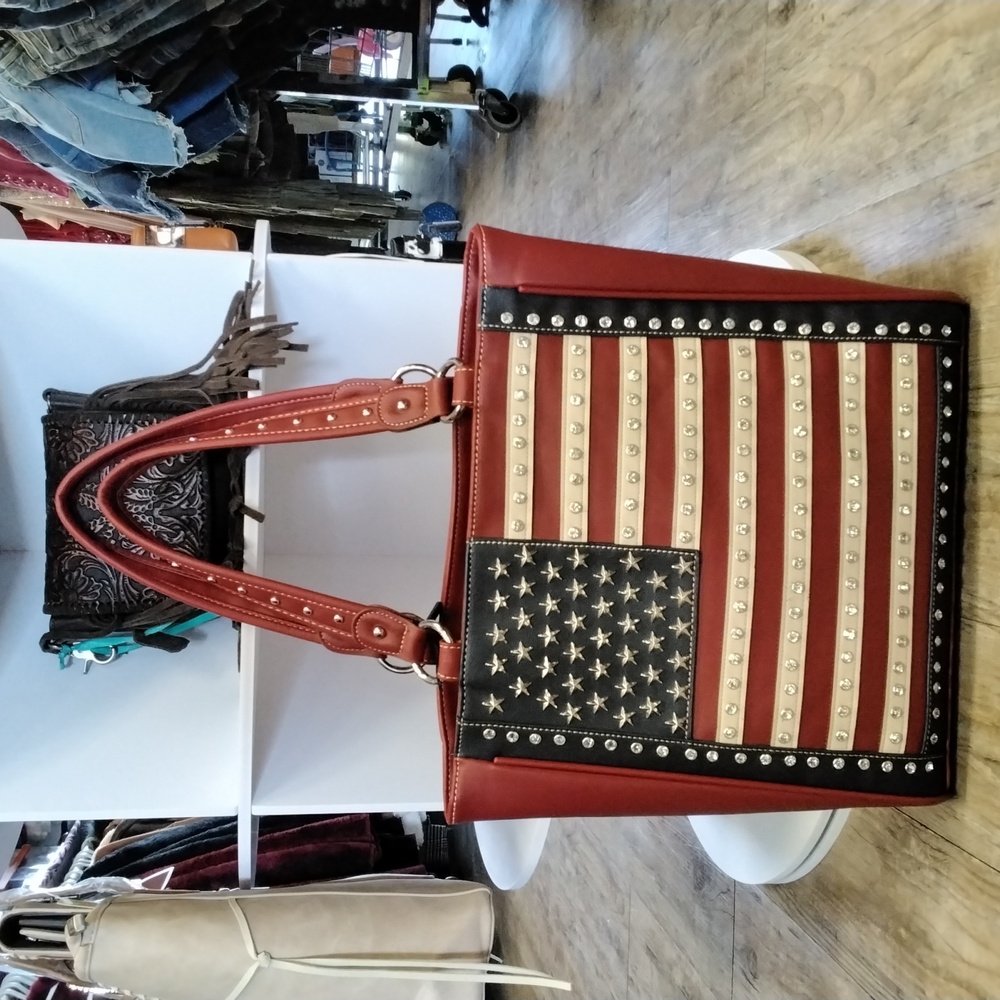 Montana West red white and blue American flag bling tote bag over the shoulde